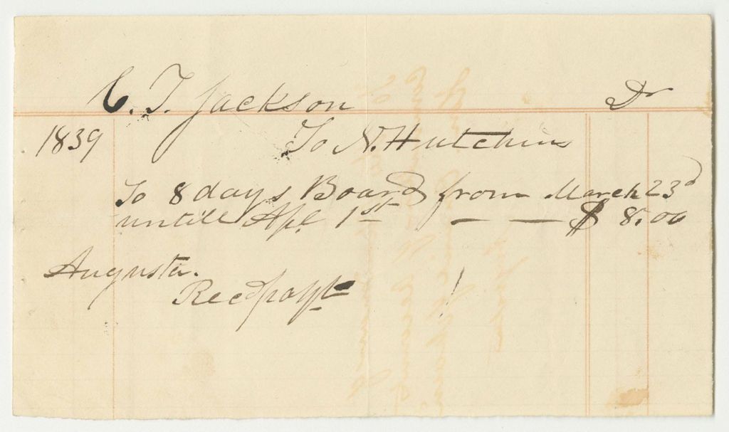 Miniature of Corrected Receipts for the Account of Nathaniel Hutchins, for the Board of C.T. Jackson