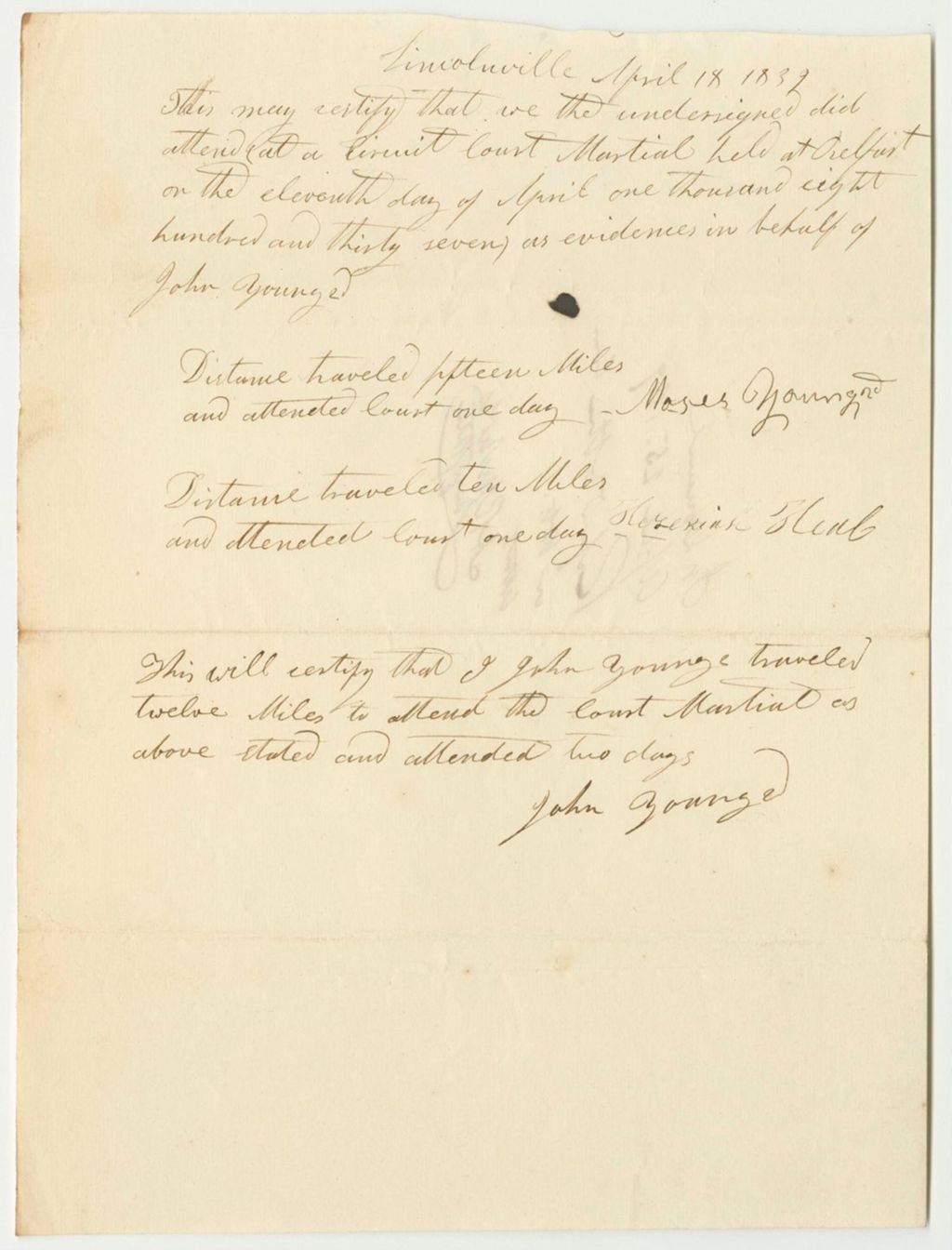 Miniature of Certificate of John Young the 2nd's Travel to Attend a Court Martial