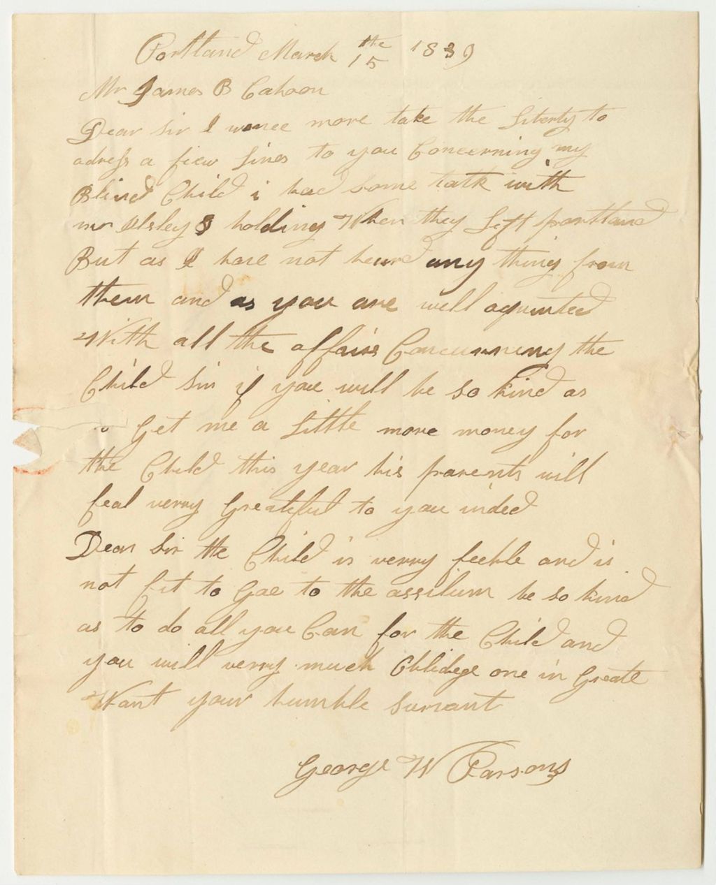 Miniature of George W. Parsons' Request for Aid in Support of His Blind Child