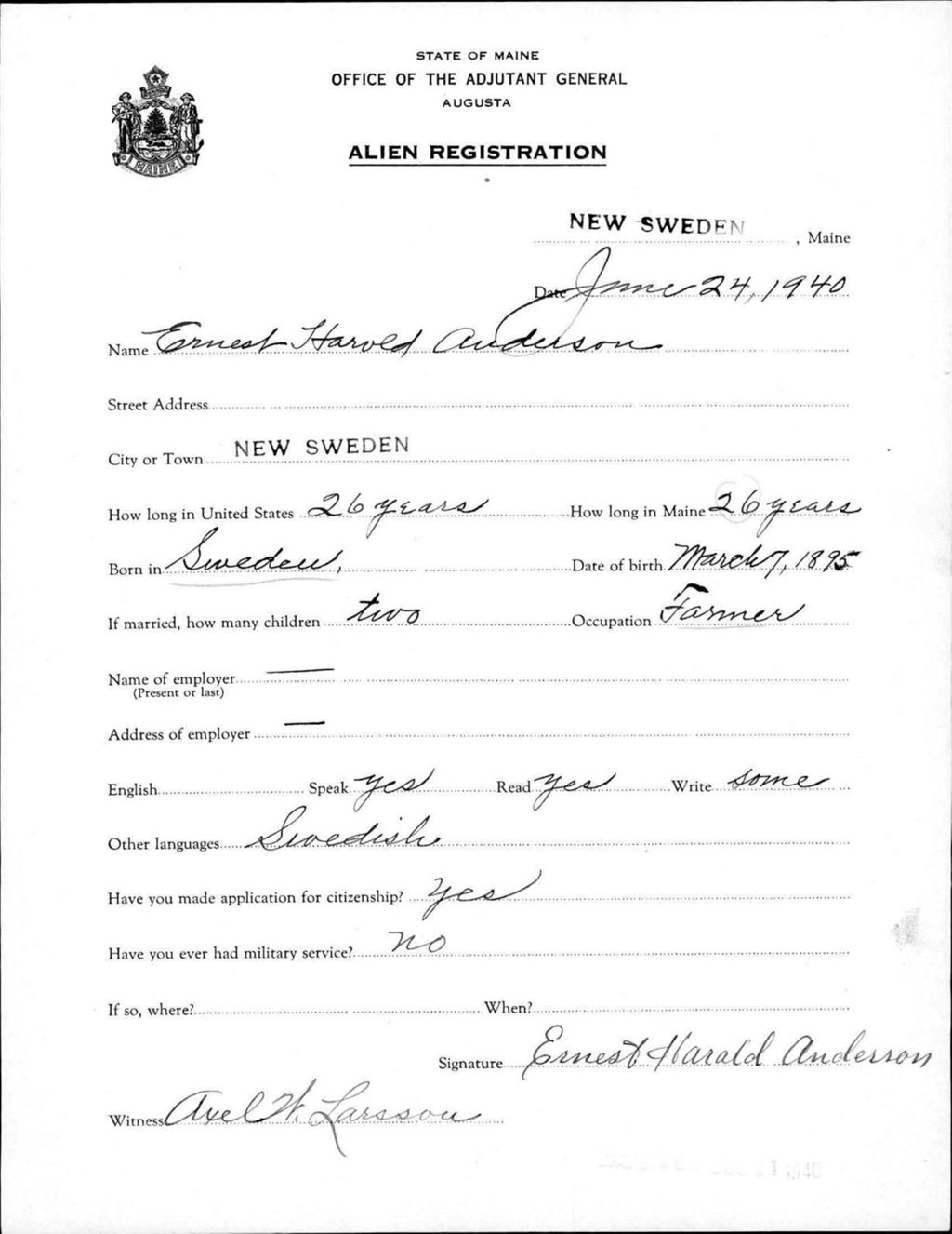 Miniature of Alien Registration- Anderson, Ernest H. (New Sweden, Aroostook County)