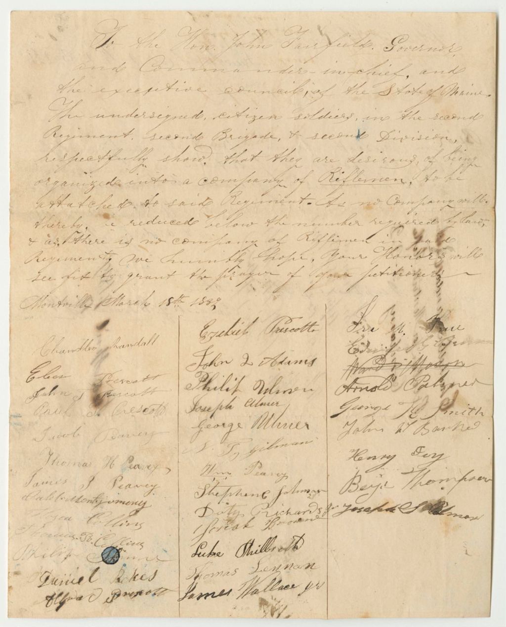 Miniature of Petition of Chandler Randall and Others to Organize a Rifle Company in Montville