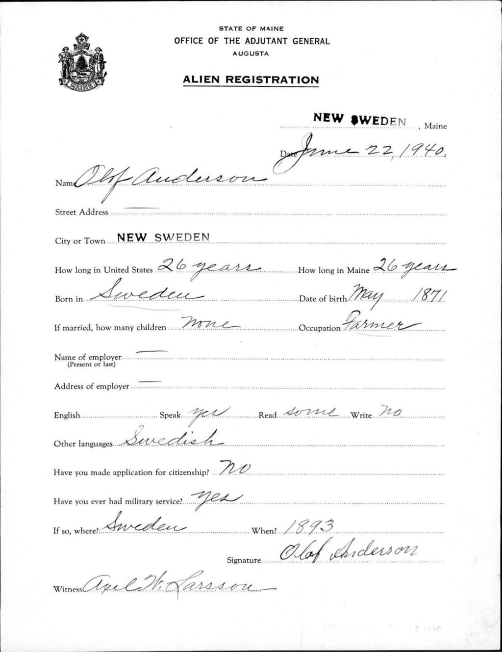 Miniature of Alien Registration- Anderson, Olaf (New Sweden, Aroostook County)