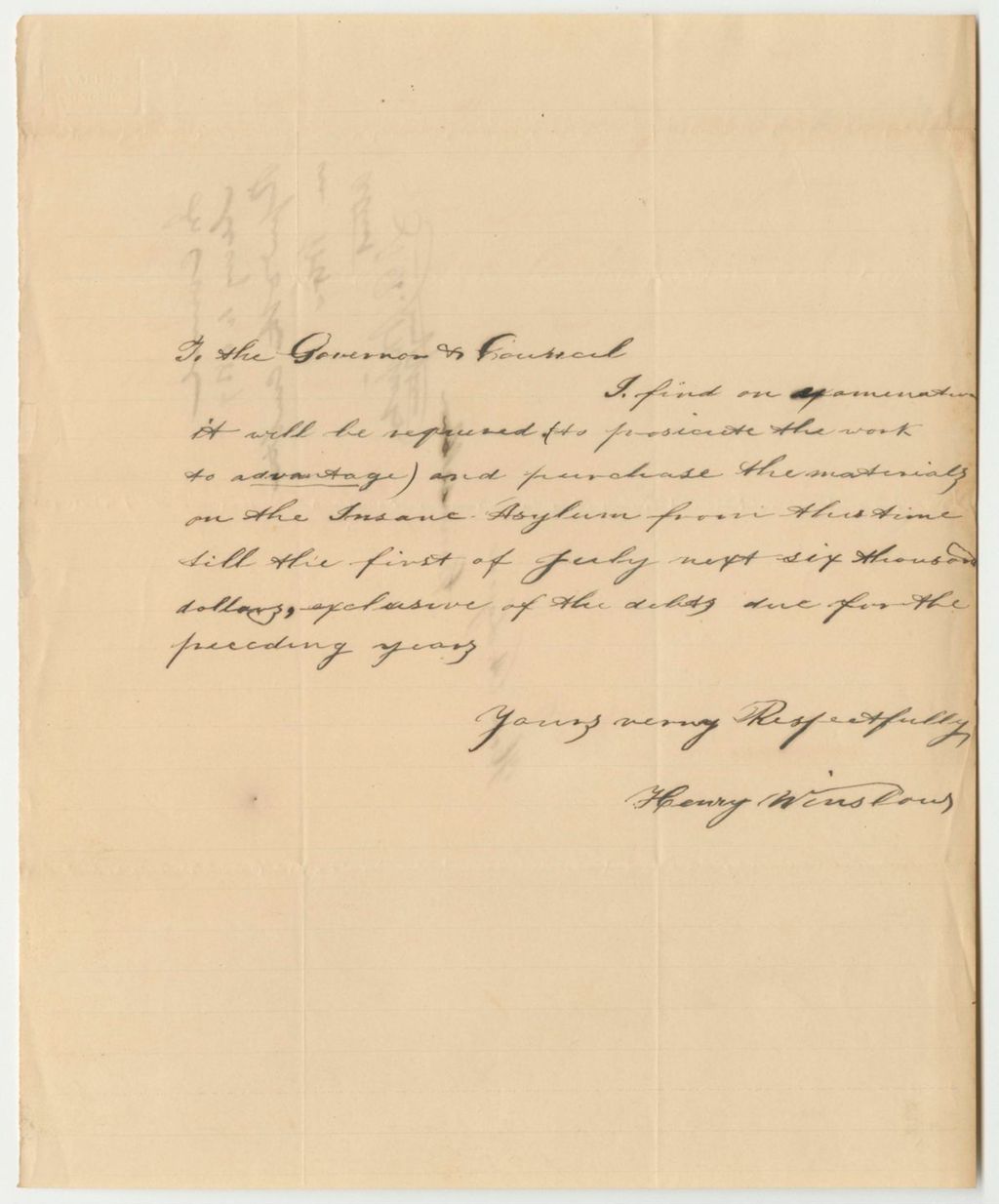Miniature of Henry Winslow's Request for a Warrant to Purchase Materials for the Insane Hospital