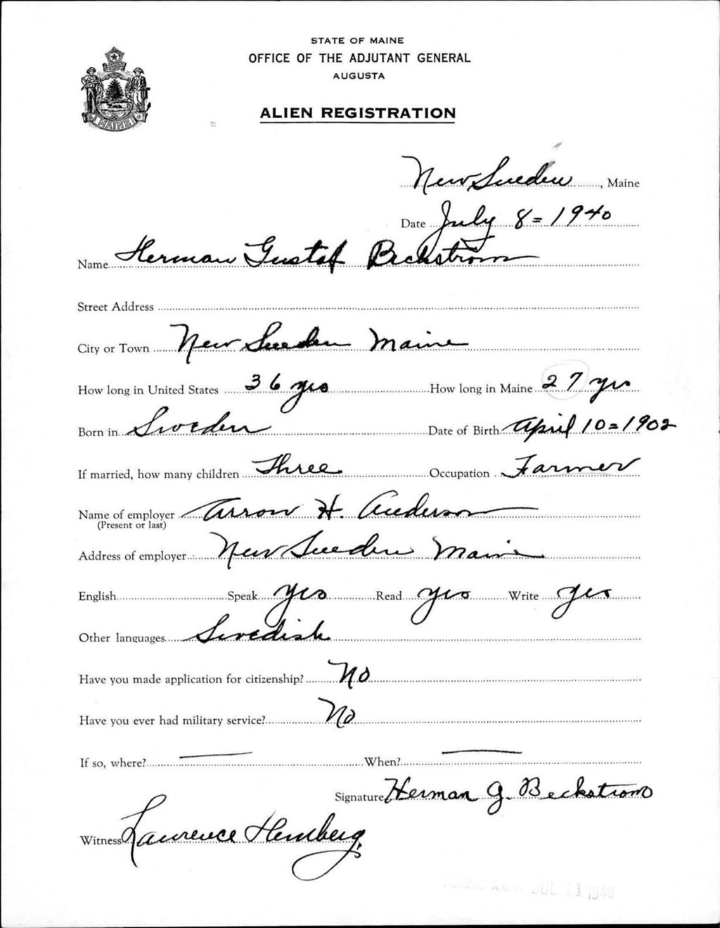 Miniature of Alien Registration- Beckstrom, Herman G. (New Sweden, Aroostook County)