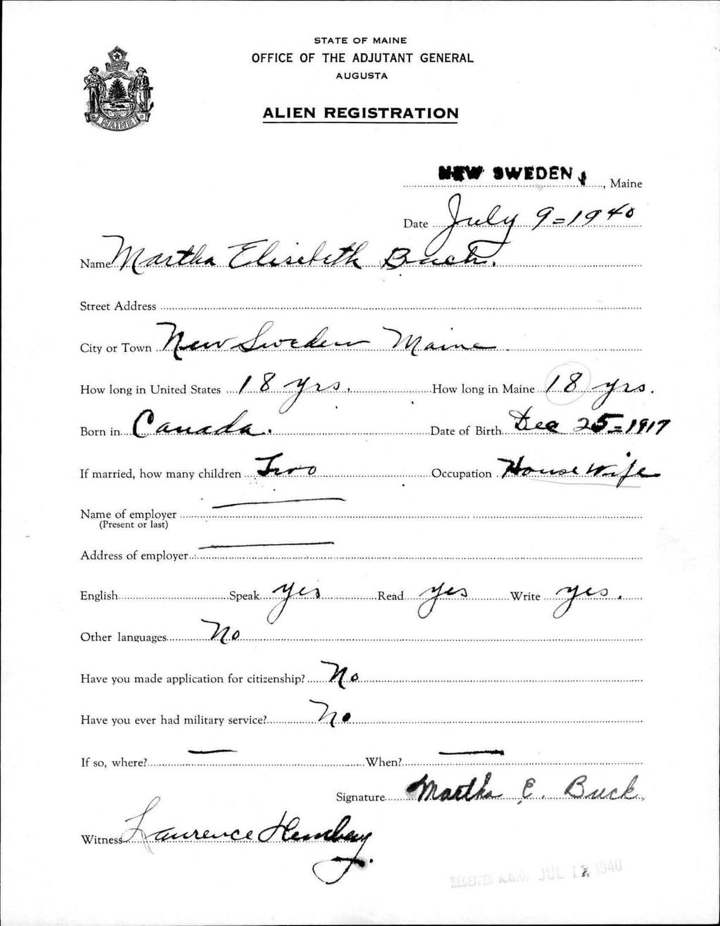 Miniature of Alien Registration- Buck, Martha E. (New Sweden, Aroostook County)