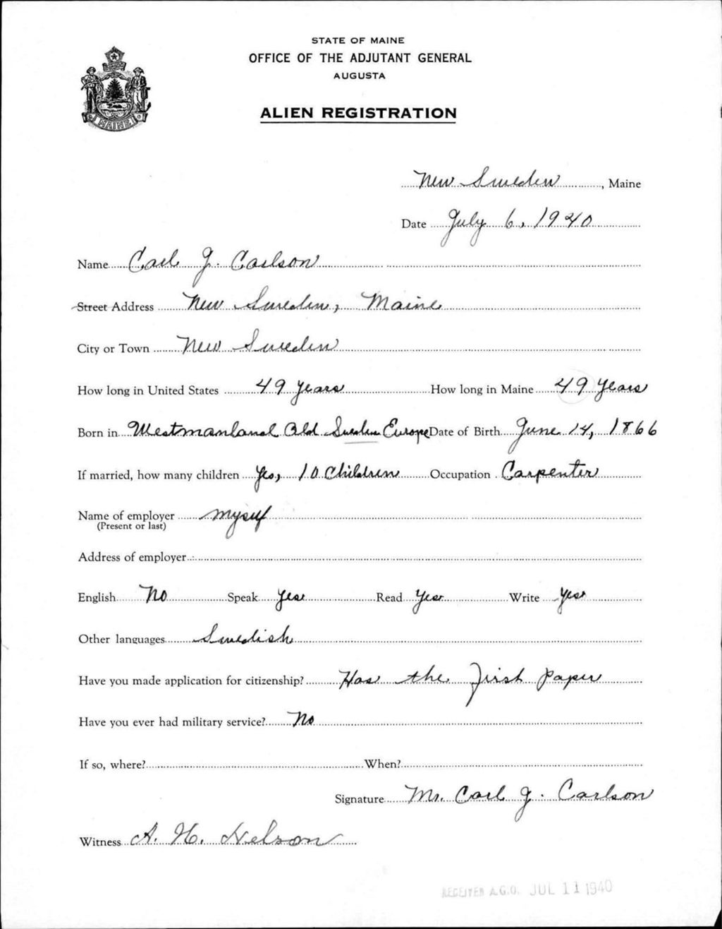 Miniature of Alien Registration- Carlson, Carl J. (New Sweden, Aroostook County)