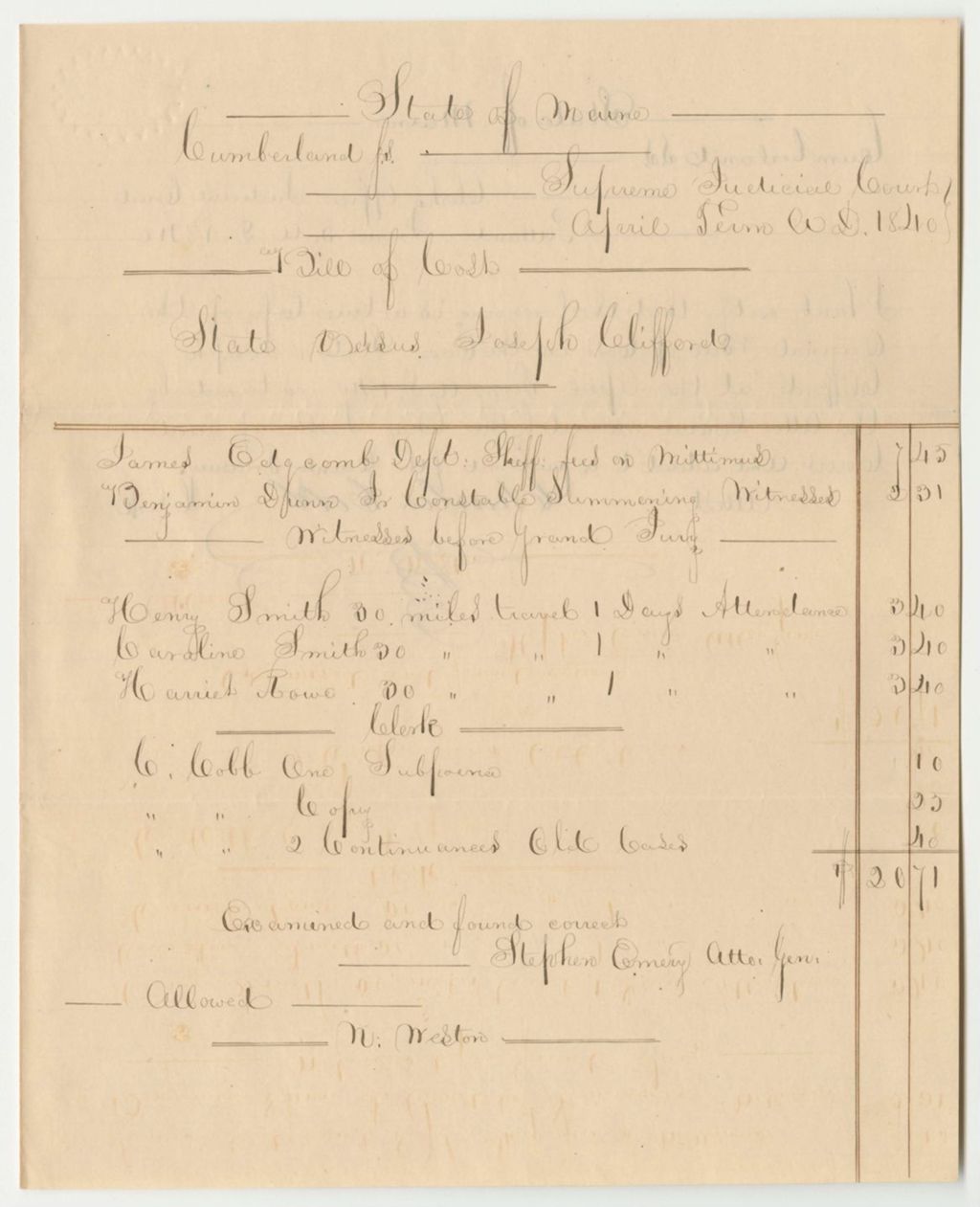 Miniature of Bills of Cost at the Supreme Judicial Court in Cumberland County, April Term 1849