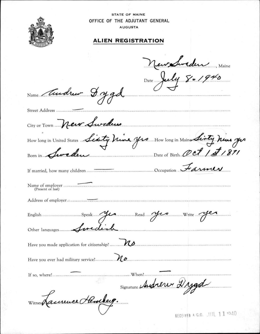 Miniature of Alien Registration- Dygd, Andrew (New Sweden, Aroostook County)