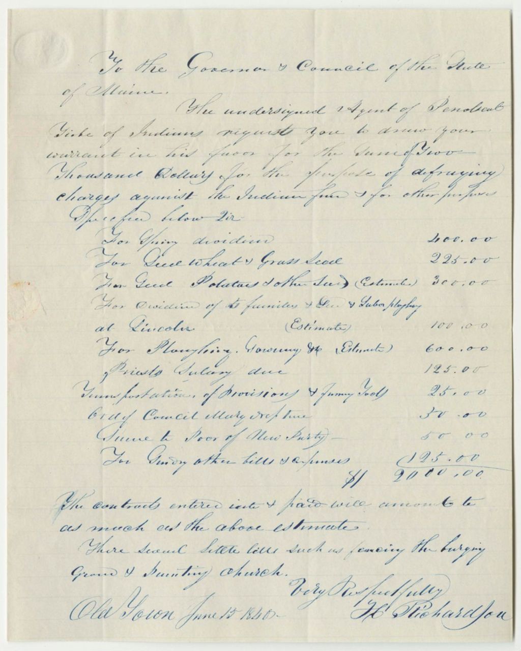 Miniature of Communication from Henry Richardson, Agent for the Penobscot Indians, Requesting a Warrant for the Penobscot Indian Fund