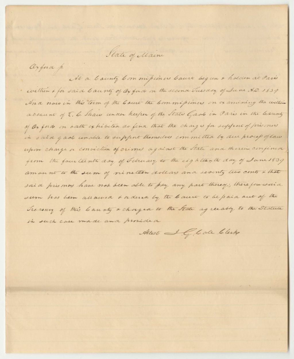 Miniature of Account of E.C. Shaw, Keeper of the State Gaol in Paris in the County of Oxford, for the Support of Prisoners Therein Confined Upon Charge or Conviction of Crimes Against the State from February 14th to June 1st 1839