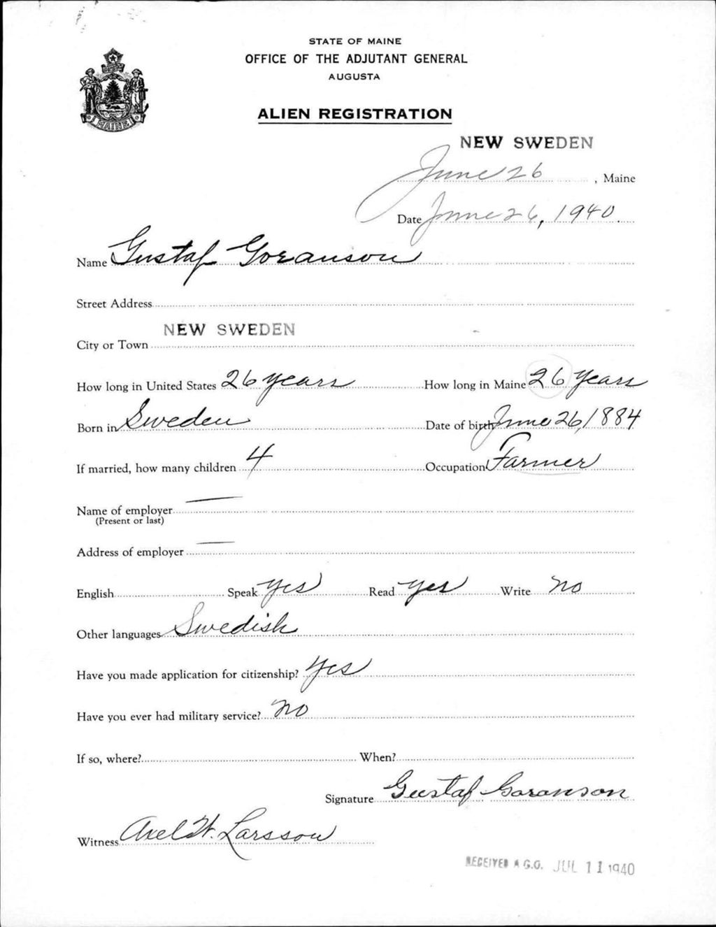 Miniature of Alien Registration- Goranson, Gustaf (New Sweden, Aroostook County)