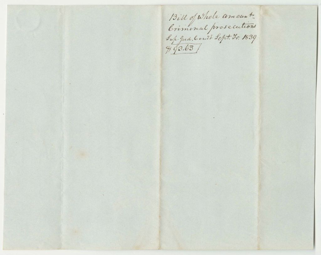 Miniature of Bill of Whole Amount of Costs in Criminal Prosecution at the Supreme Judicial Court in York County, September Term 1839