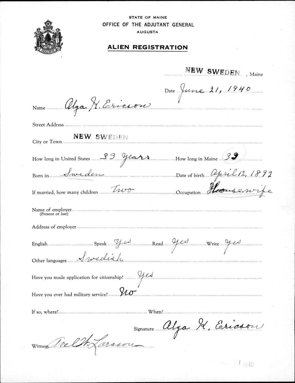 Miniature of Alien Registration- Ericson, Olga K. (New Sweden, Aroostook County)