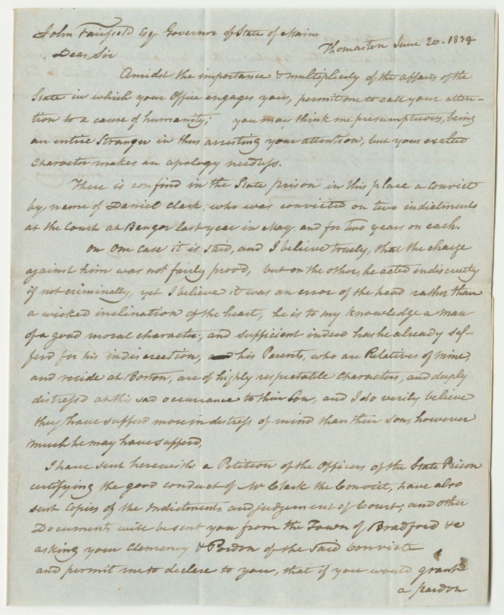 Miniature of Letter from John Paine, in Favor of the Pardon of Daniel Clark
