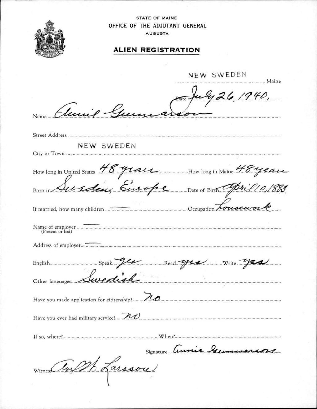 Miniature of Alien Registration- Gunnerson, Annie (New Sweden, Aroostook County)