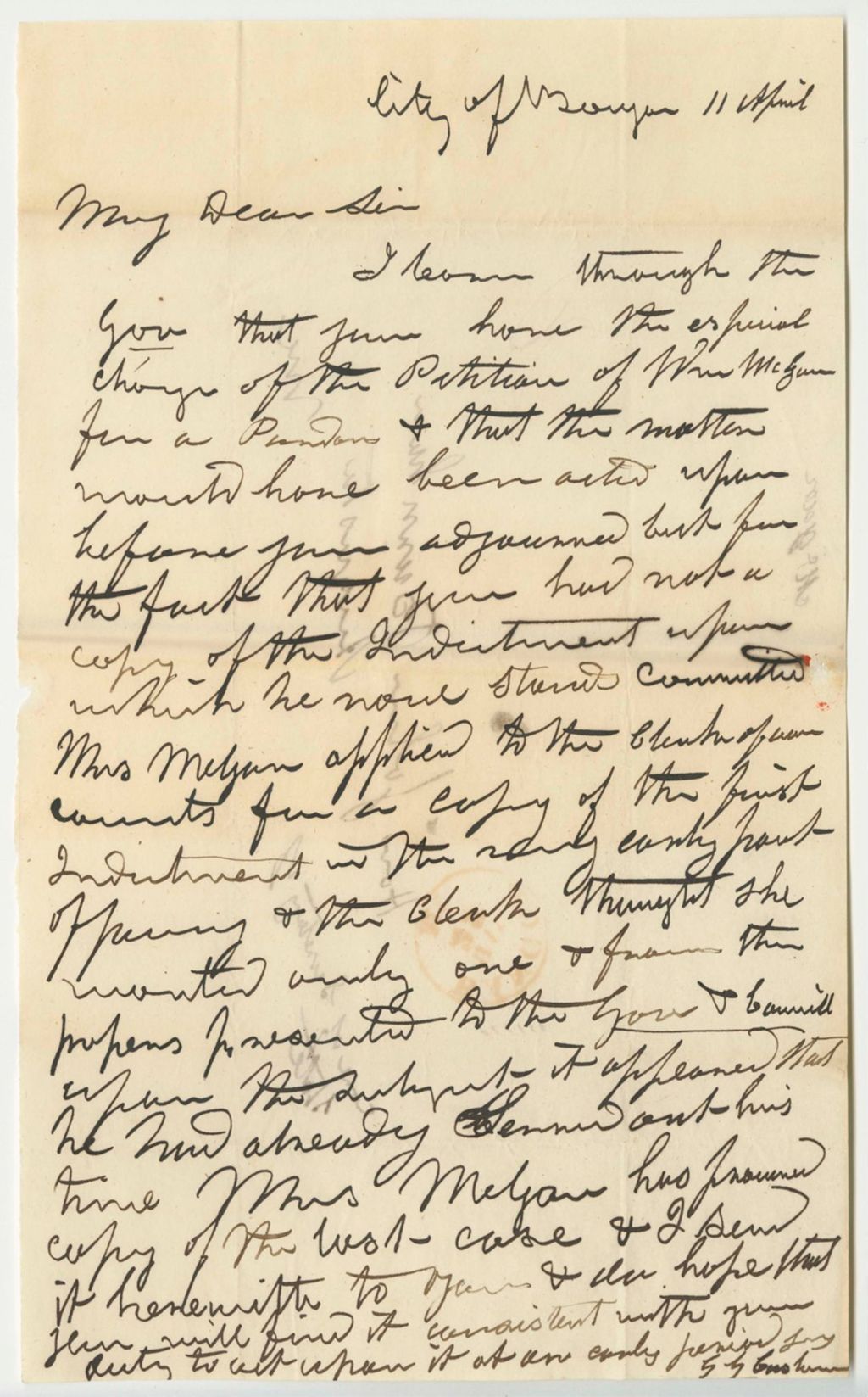 Miniature of Letter from Gustavus G. Cushman Relating to the Pardon of William McGann