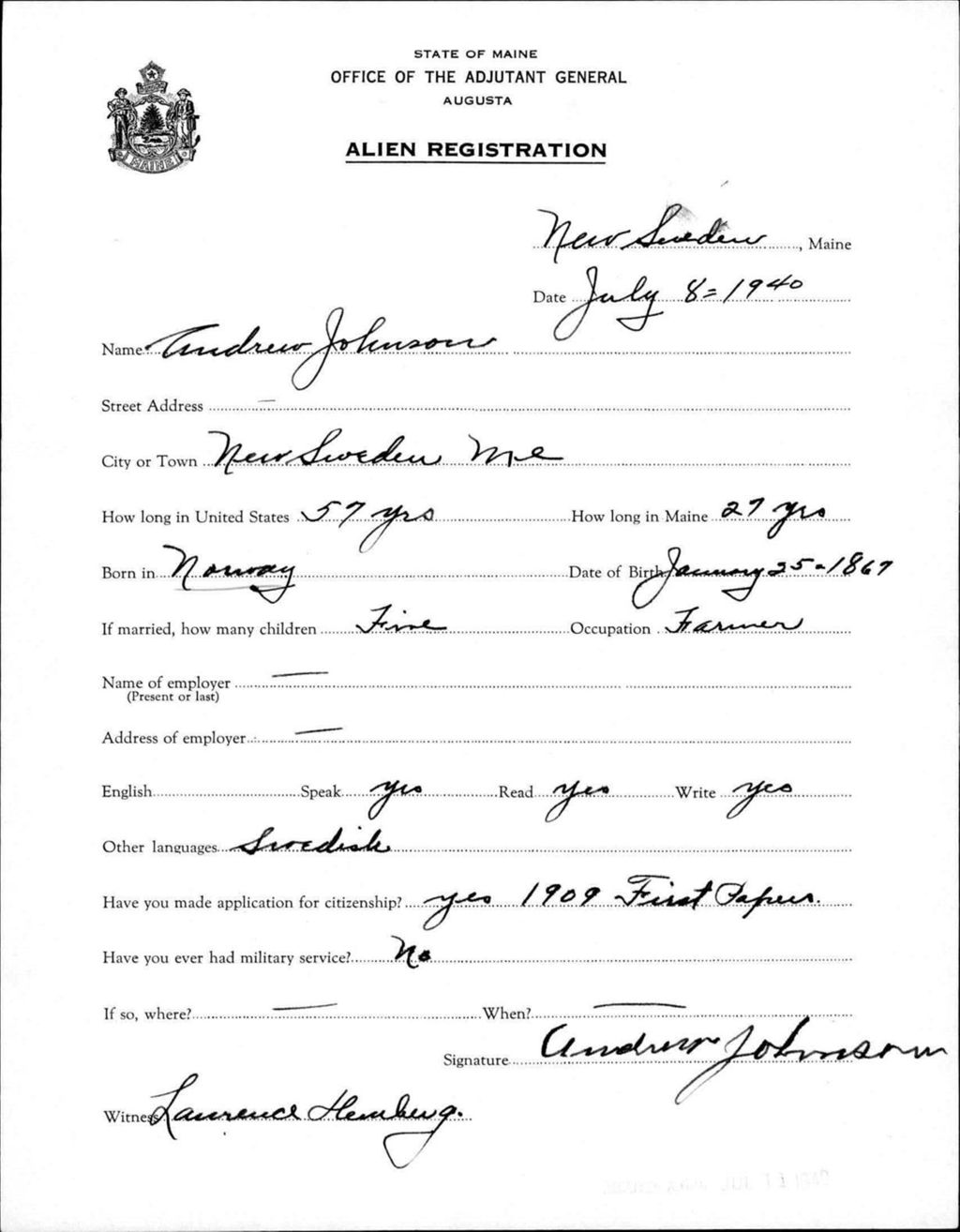 Miniature of Alien Registration- Johnson, Andrew (New Sweden, Aroostook County)