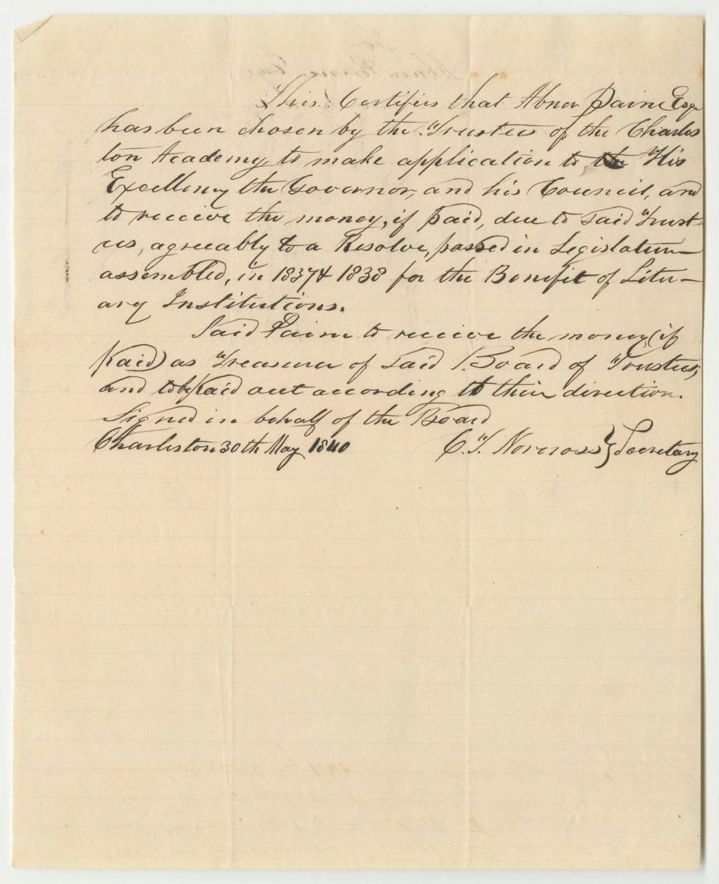 Miniature of Application of Abner Paine, Treasurer of the Charleston Academy, for Funds Agreeable to the Resolve for the Benefit of Literary Institutions