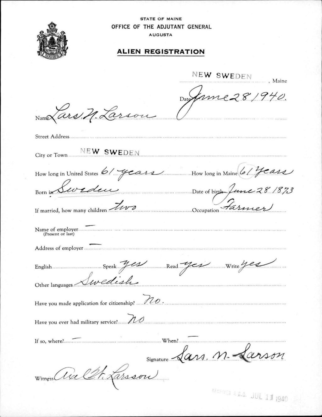 Miniature of Alien Registration- Larson, Lars N. (New Sweden, Aroostook County)