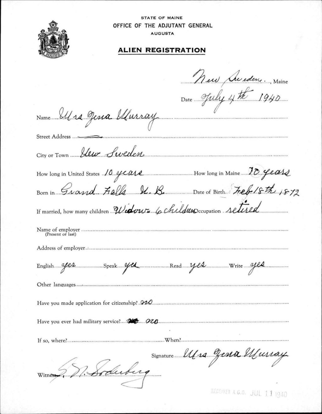 Miniature of Alien Registration- Murray, Zena (New Sweden, Aroostook County)
