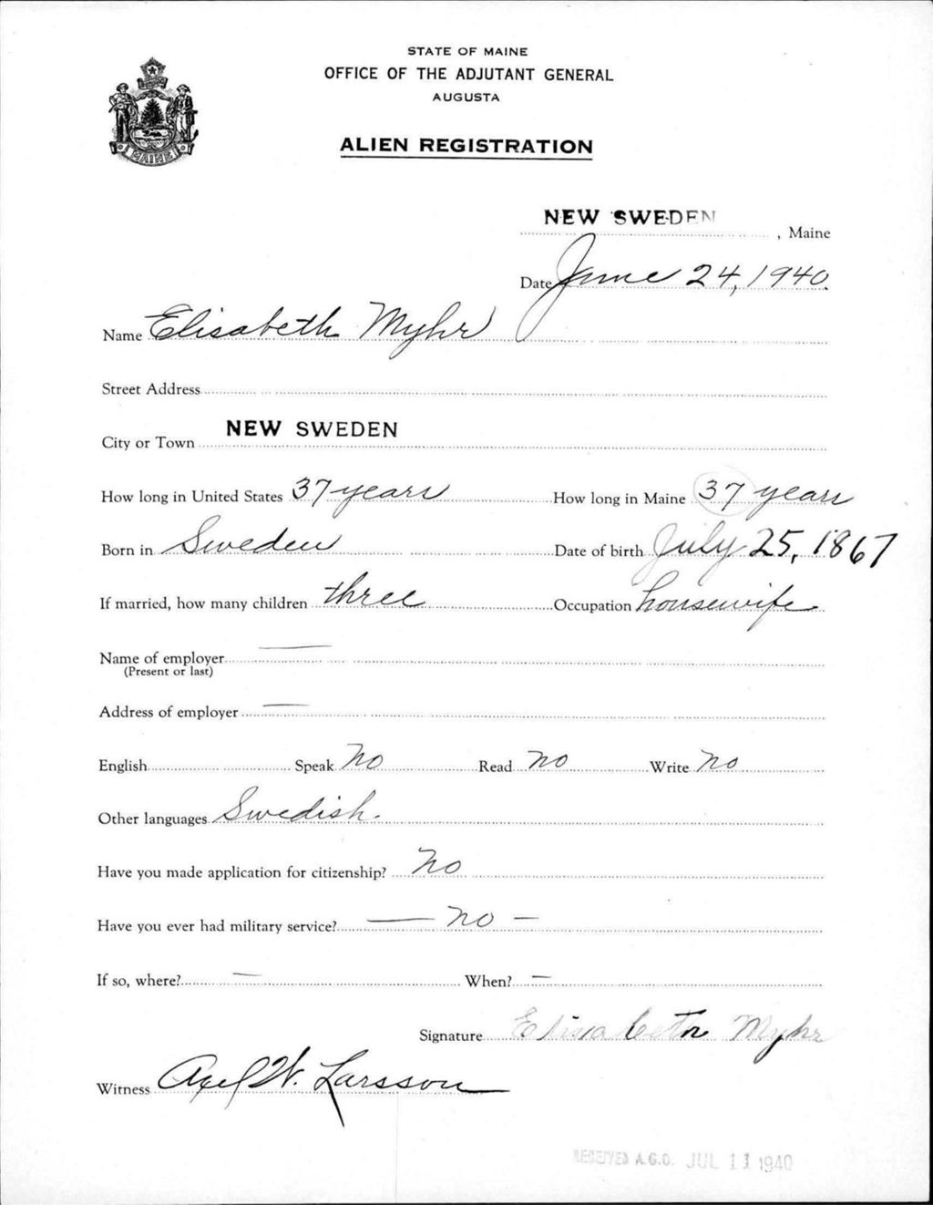 Miniature of Alien Registration- Myhr, Elizabeth (New Sweden, Aroostook County)