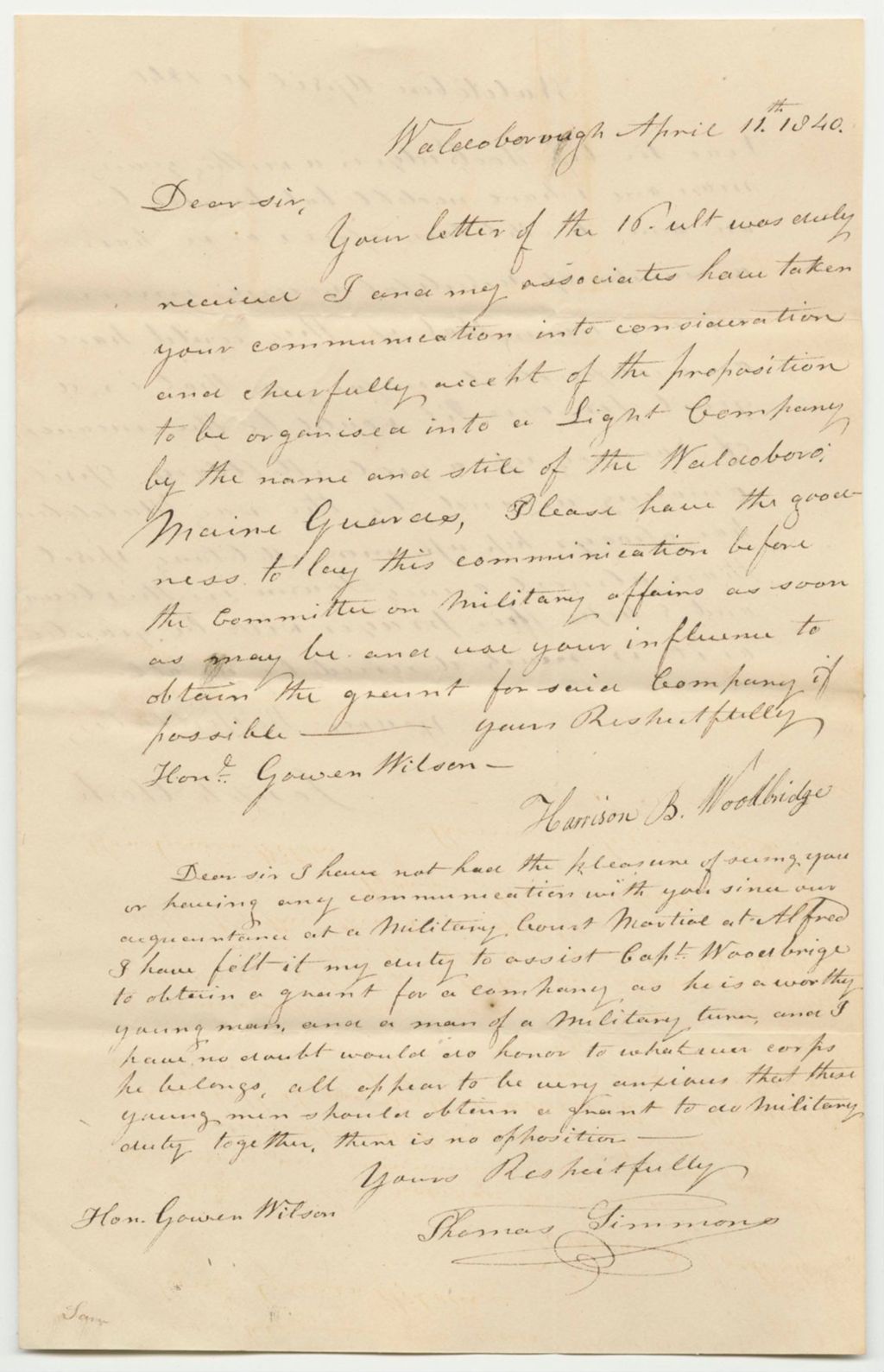 Miniature of Communications from Joseph Clask, Harrison B. Woolbridge, and Thomas Simmons, Relating to the Proposition of Organizing a Light Infantry Company in Waldoboro