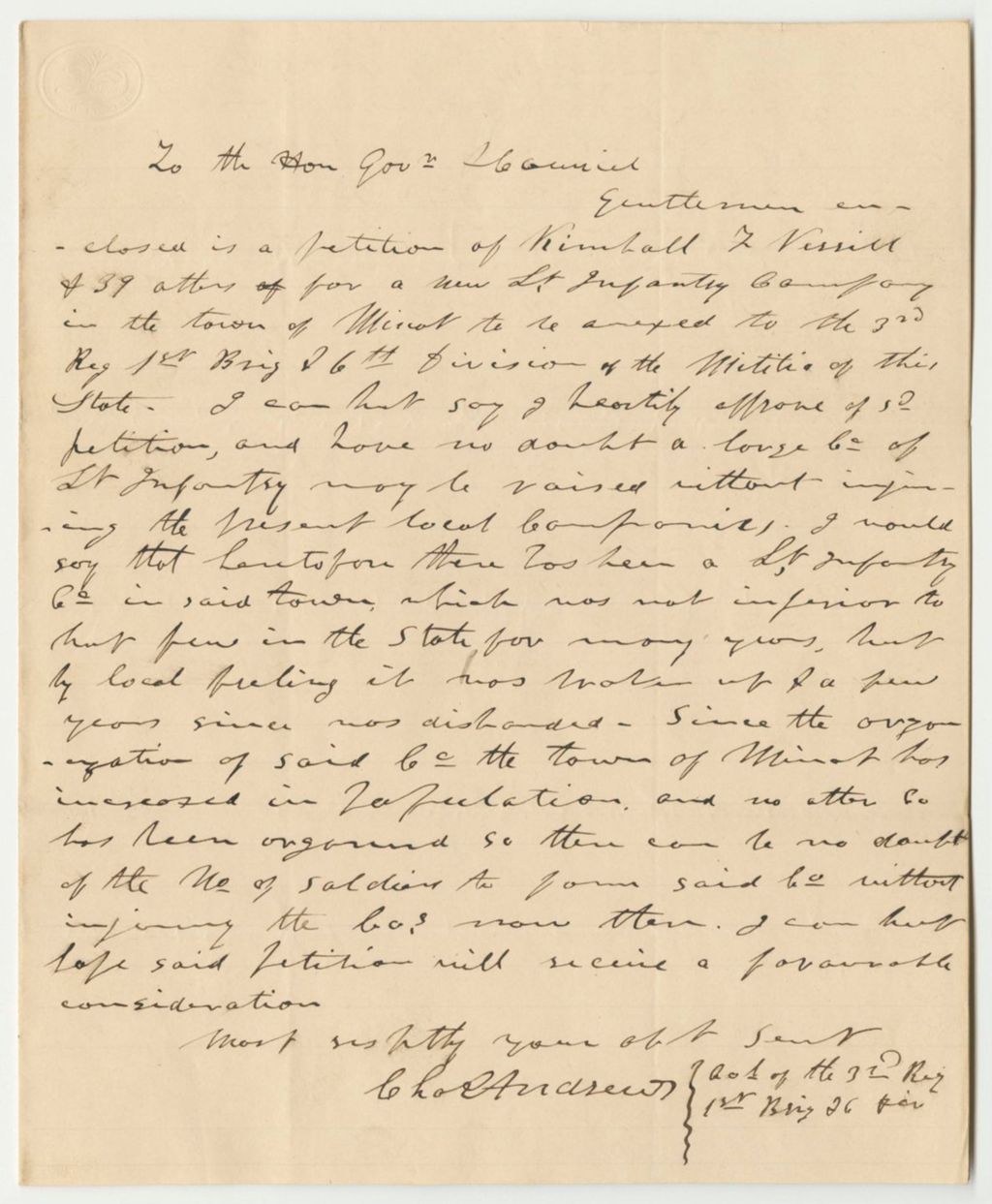 Miniature of Petition of Kimball F. Verrill and Others for the Organization of a Company of Light Infantry in Minot