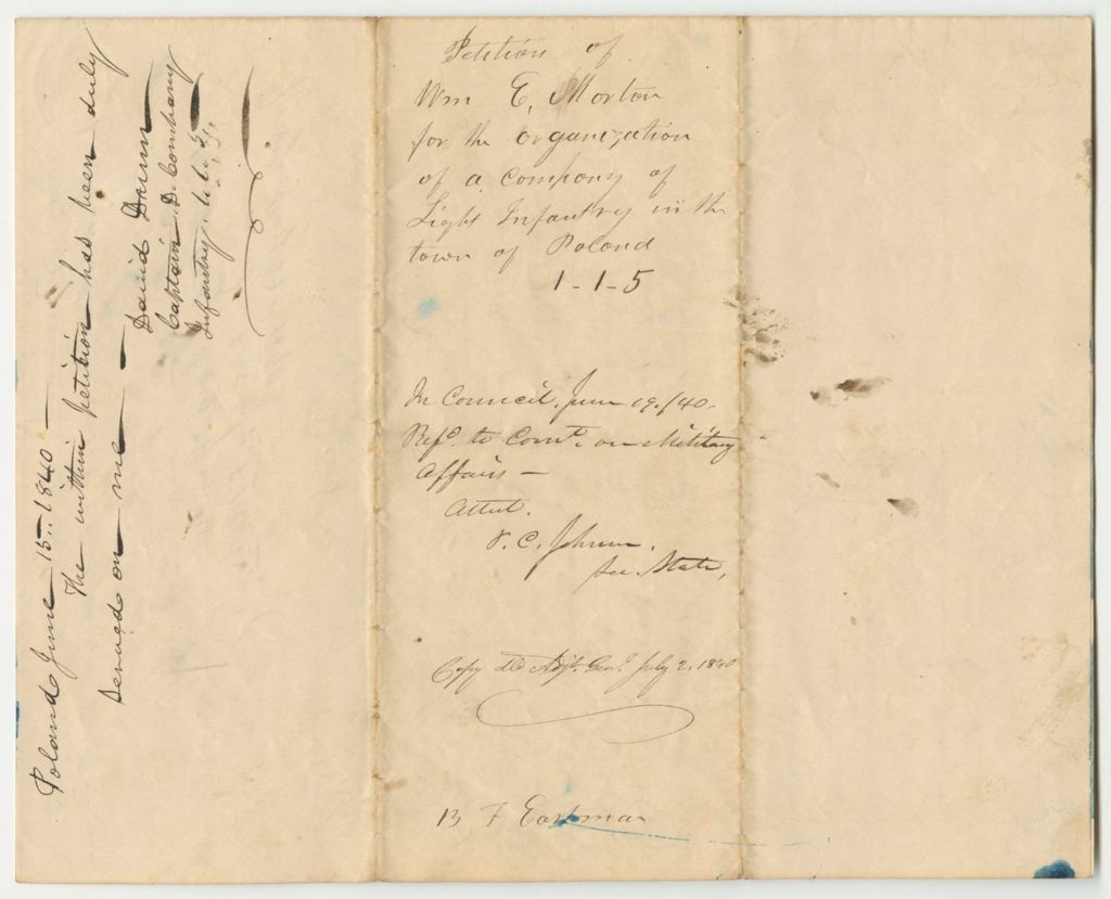 Miniature of Petition of William E. Morton and Others for the Organization of a Light Infantry Company in Poland, Raymond and Oxford