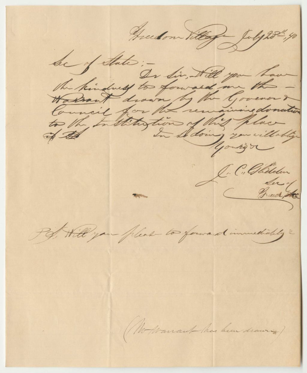 Miniature of J.C. Glidden's Application for a Warrant in Favor of Freedom Academy