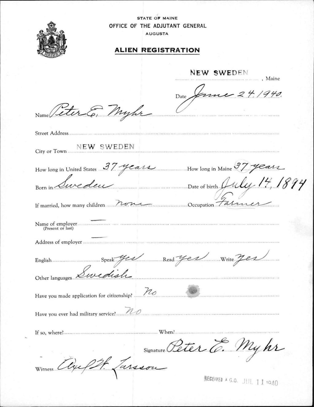 Miniature of Alien Registration- Myhr, Peter E. (New Sweden, Aroostook County)