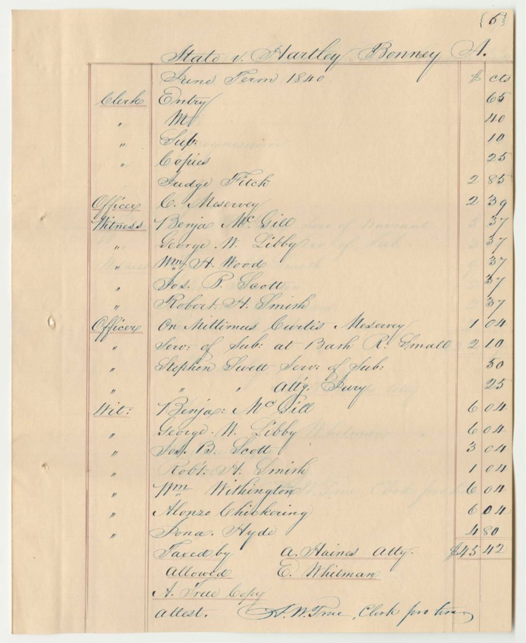 Miniature of Bills of Cost at the District Court for the Western District in Cumberland County, June Term 1840