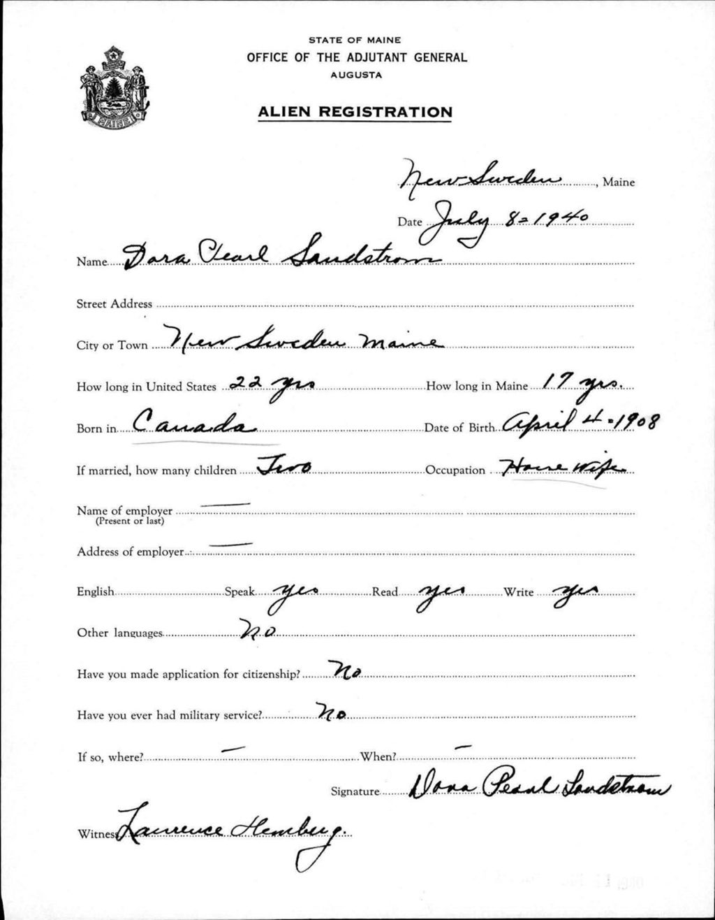 Miniature of Alien Registration- Sandstrom, Dora P. (New Sweden, Aroostook County)