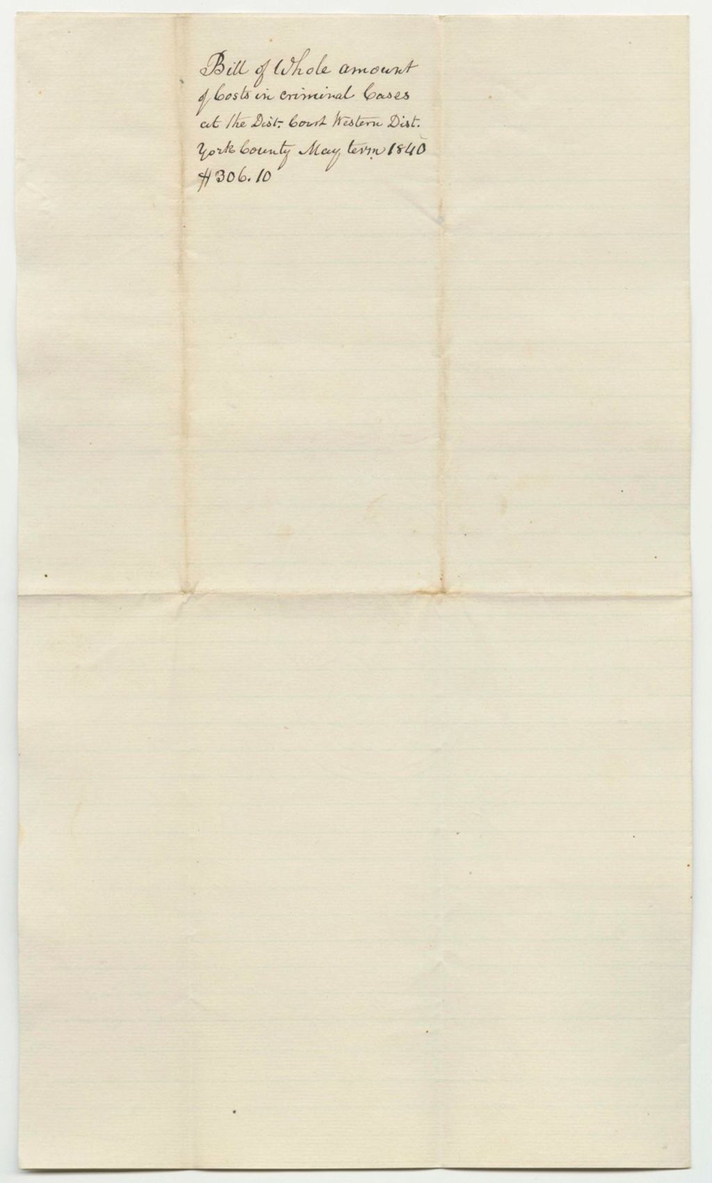 Miniature of Bills of Cost at the District Court for the Western District in York County, May Term 1840