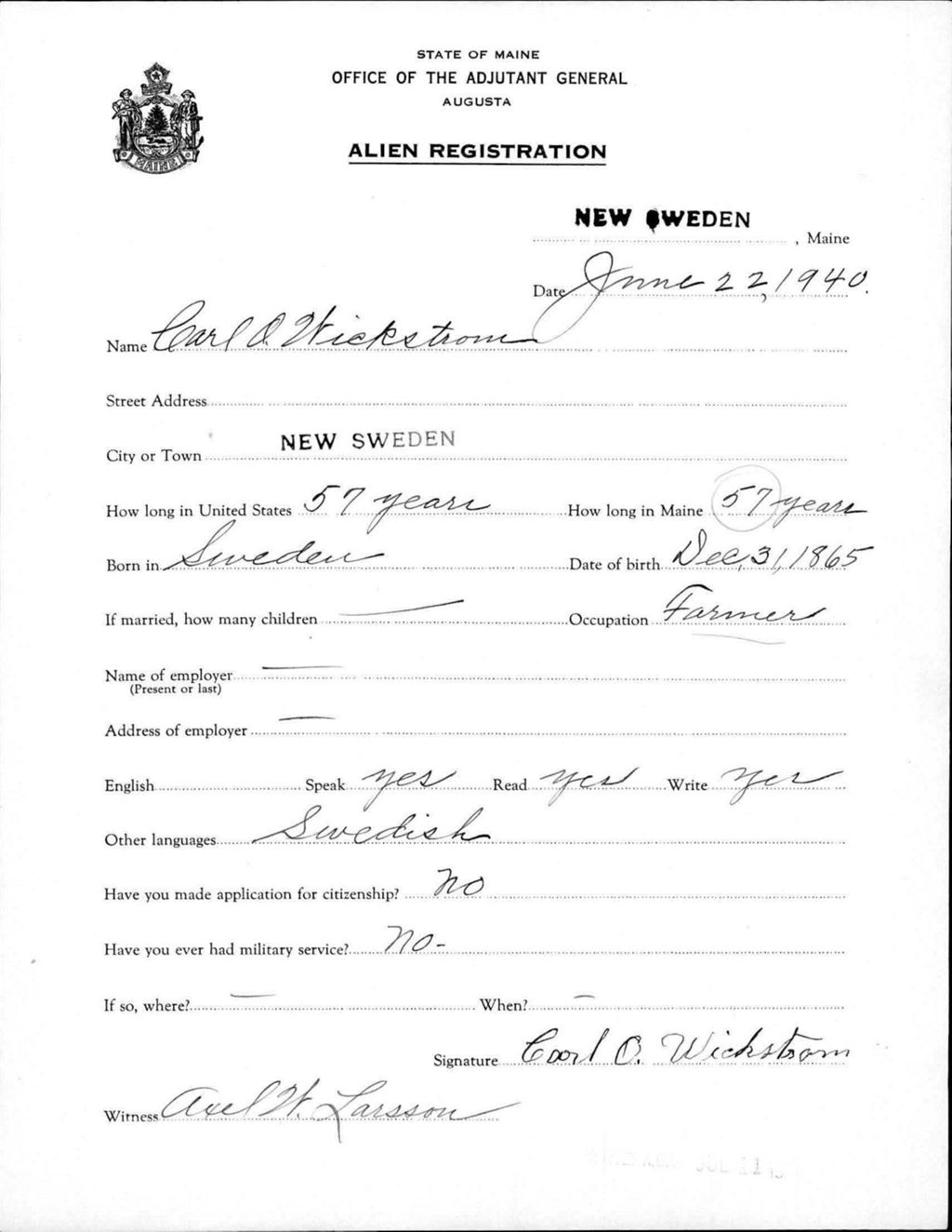Miniature of Alien Registration- Wickstrom, Carl O. (New Sweden, Aroostook County)