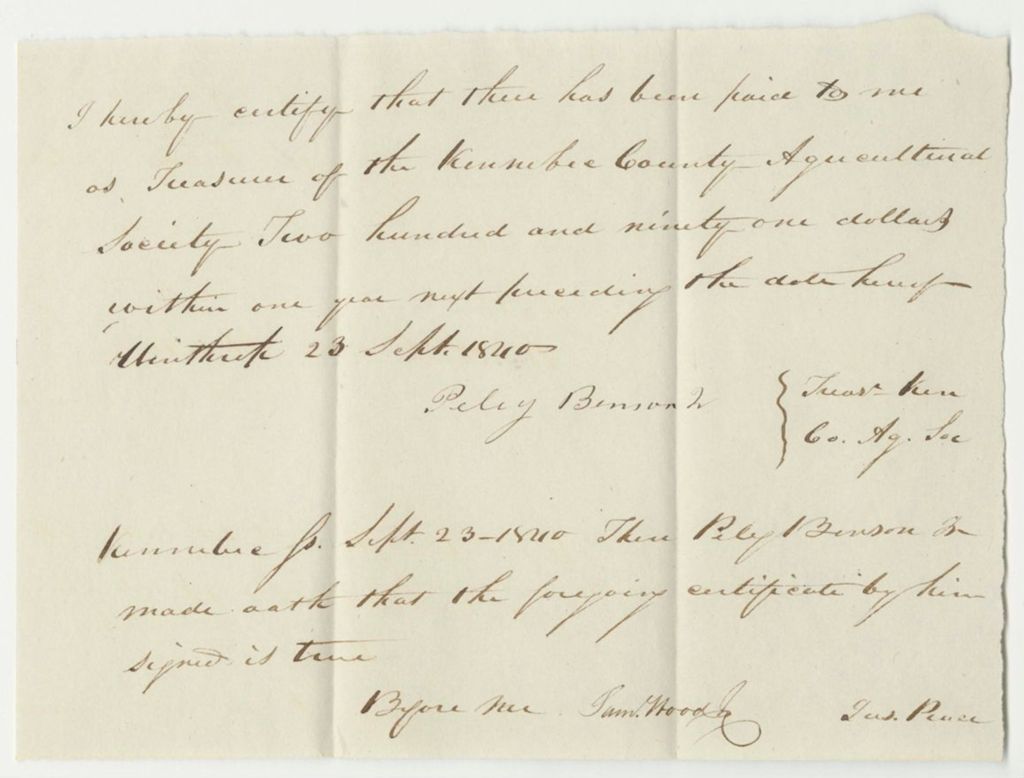 Miniature of Certificate of Peleg Benson, Treasurer of the Kennebec County Agricultural Society