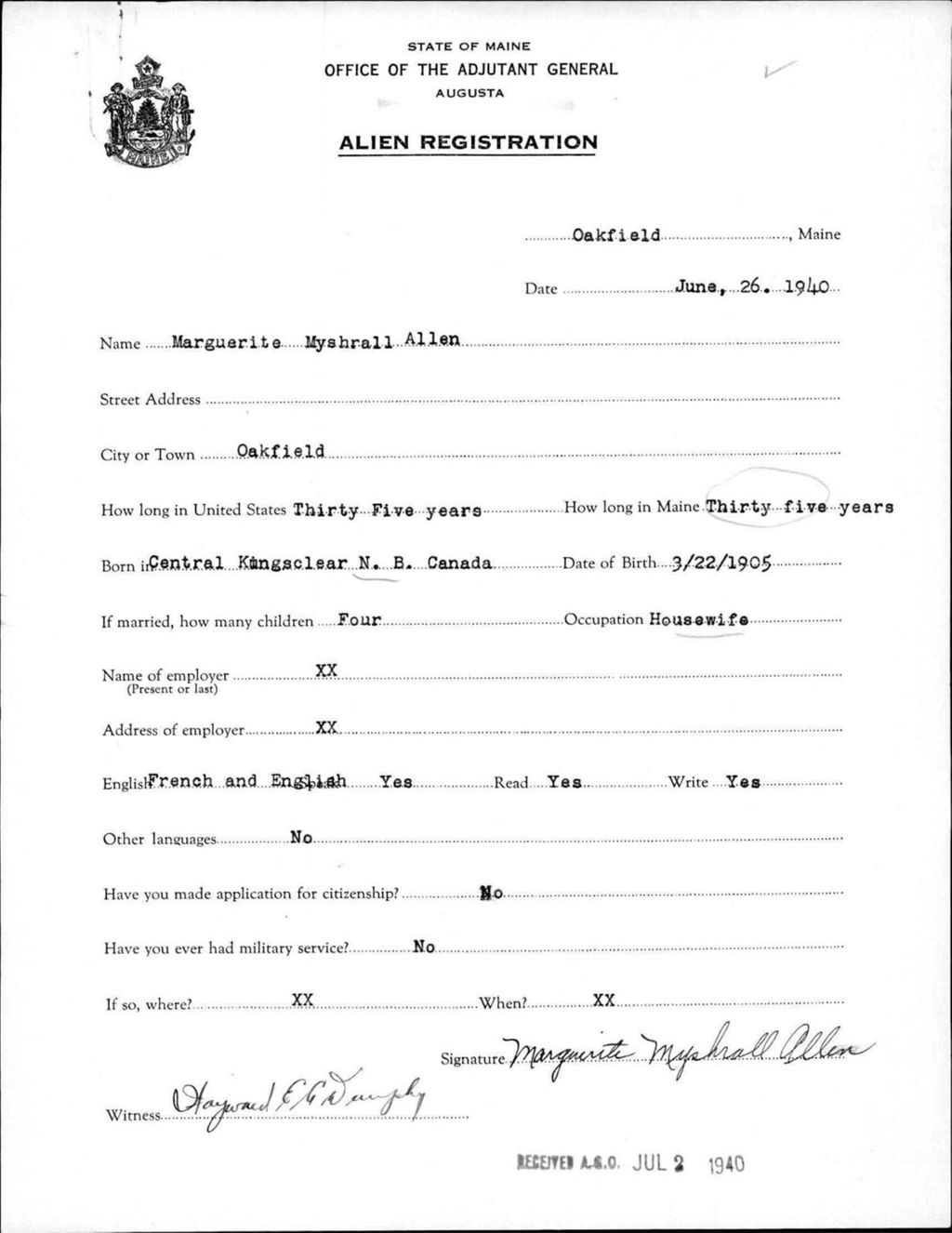 Miniature of Alien Registration- Myshrall, Marguerite (Oakfield, Aroostook County)