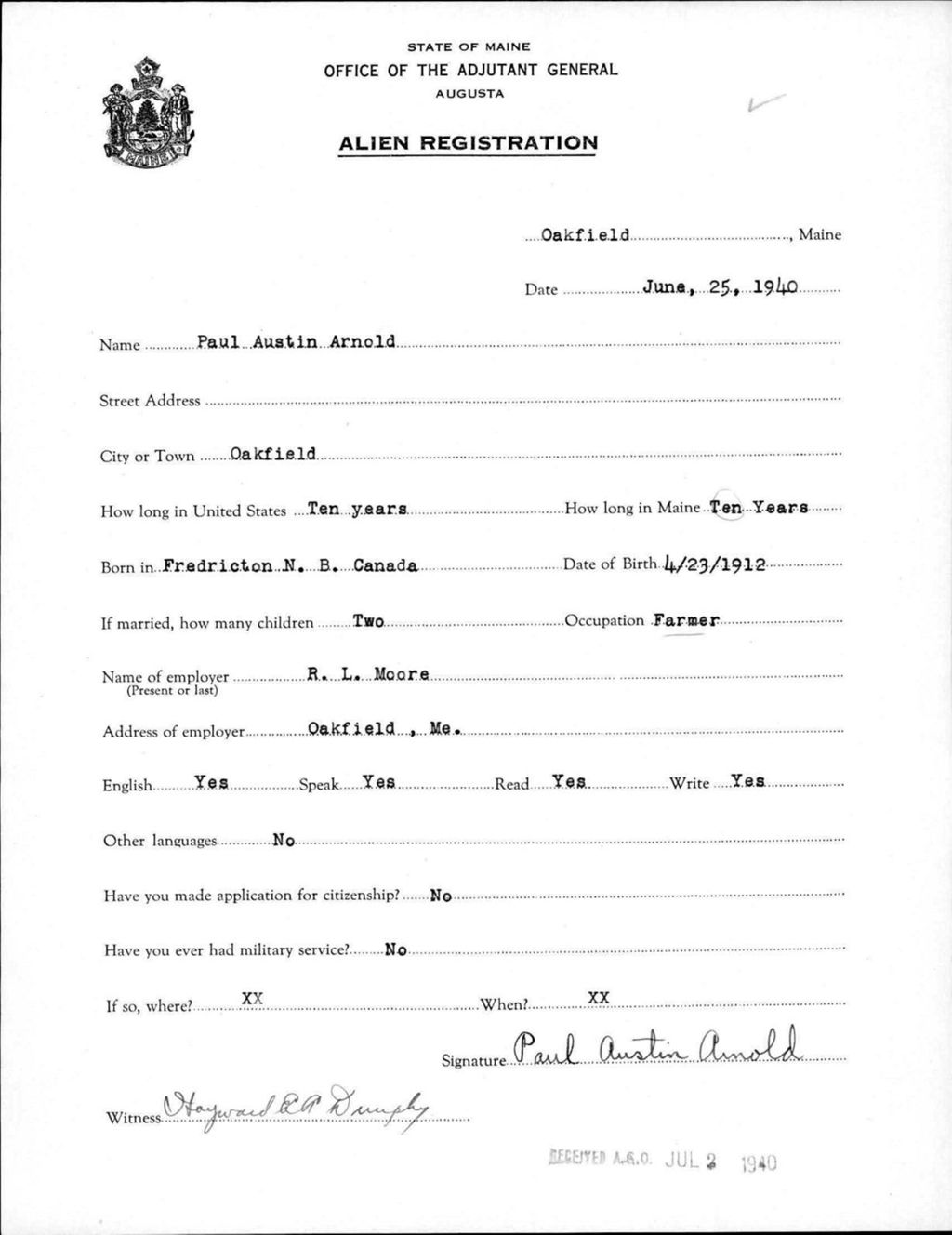 Miniature of Alien Registration- Arnold, Paul A. (New Sweden, Aroostook County)