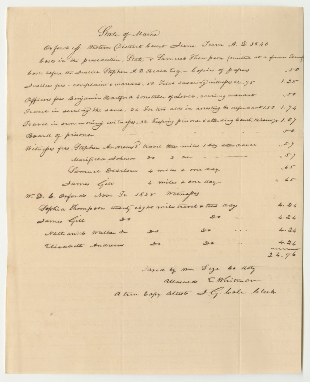 Miniature of Bills of Cost at the Western District Court in Oxford County, June Term 1840