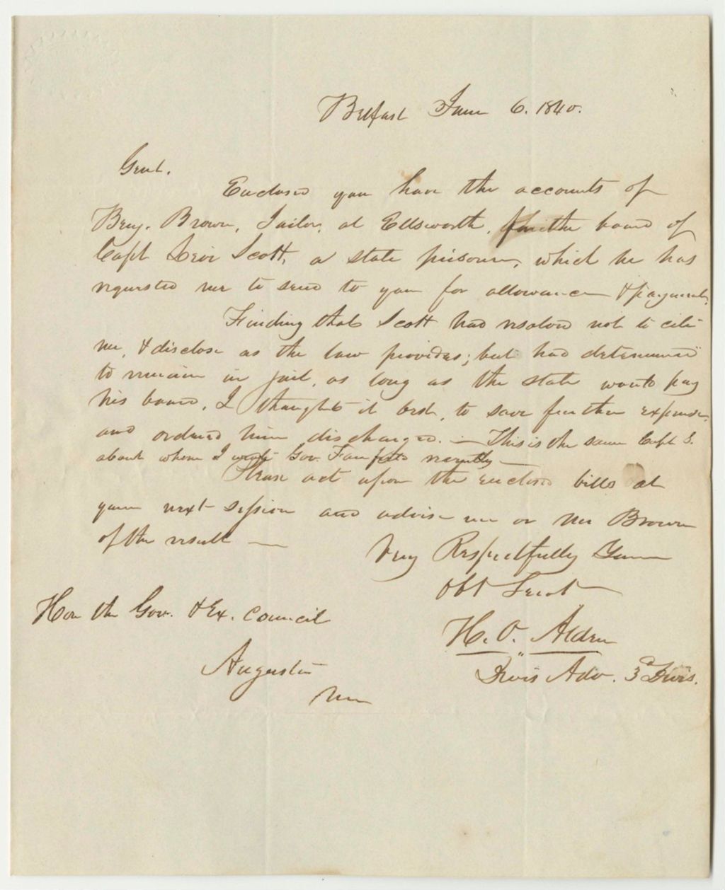 Miniature of Accounts of Benjamin Brown, Ellsworth Jail Keeper, for the Board of Levi Scott
