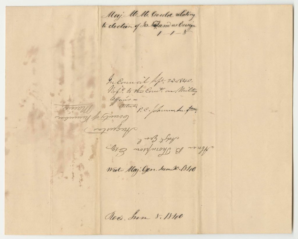 Miniature of Letter from Maj. M.M. Gould, Regarding the Election of Joseph Newland as Ensign of "B" Company of Infantry in Bloomfield