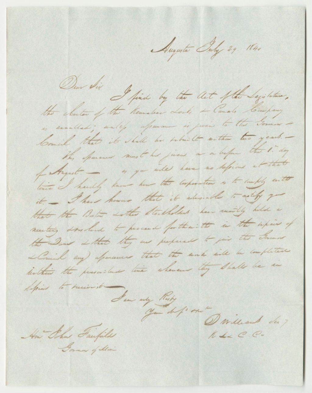 Miniature of Communication of Daniel Williams, Secretary of the Kennebec Lock and Canals Company