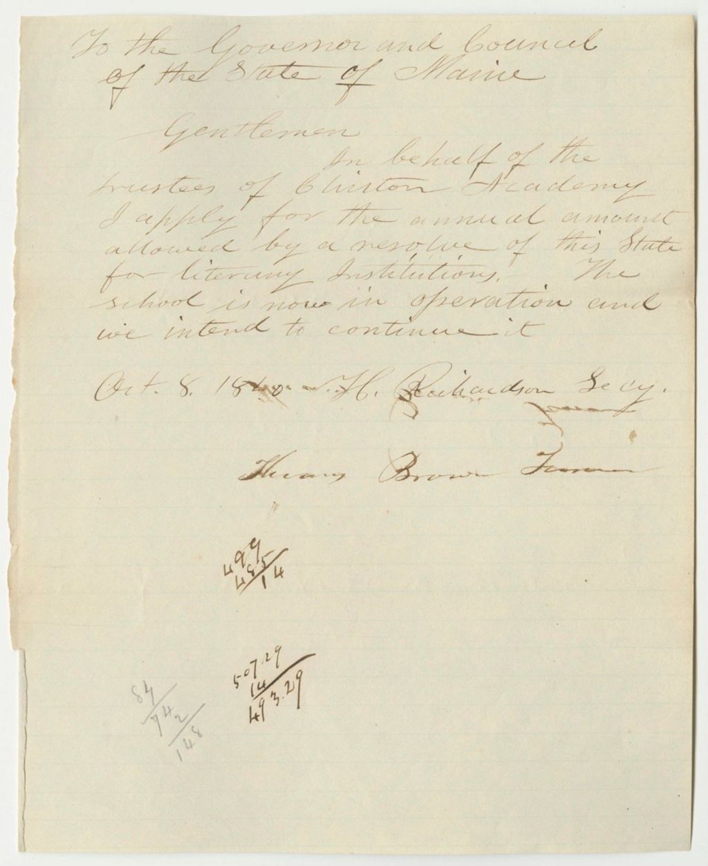 Miniature of Application of Thomas Brown, Treasurer of Clinton Academy, for Funds Allowed by the Resolve in Favor of Literary Insitutions