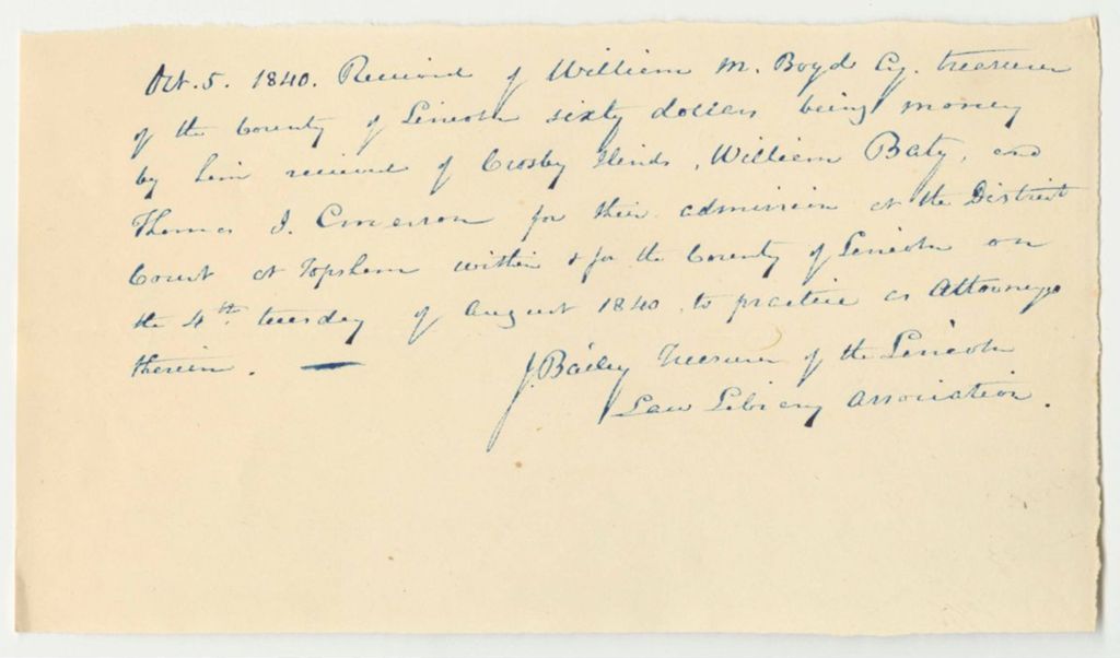 Miniature of J. Bailey's Bill for Crosby Hinds, William Baty, and Thomas J. Emerson for Their Admission to the District Court of Topsham