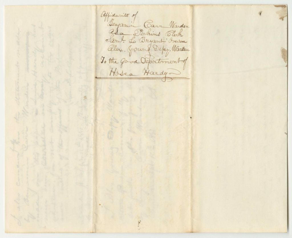 Miniature of Affidavits of Benjamin Carr, Asa Perkins, Samuel L. Bryant, Alex Young to the Good Deportment of Hosea Hardy