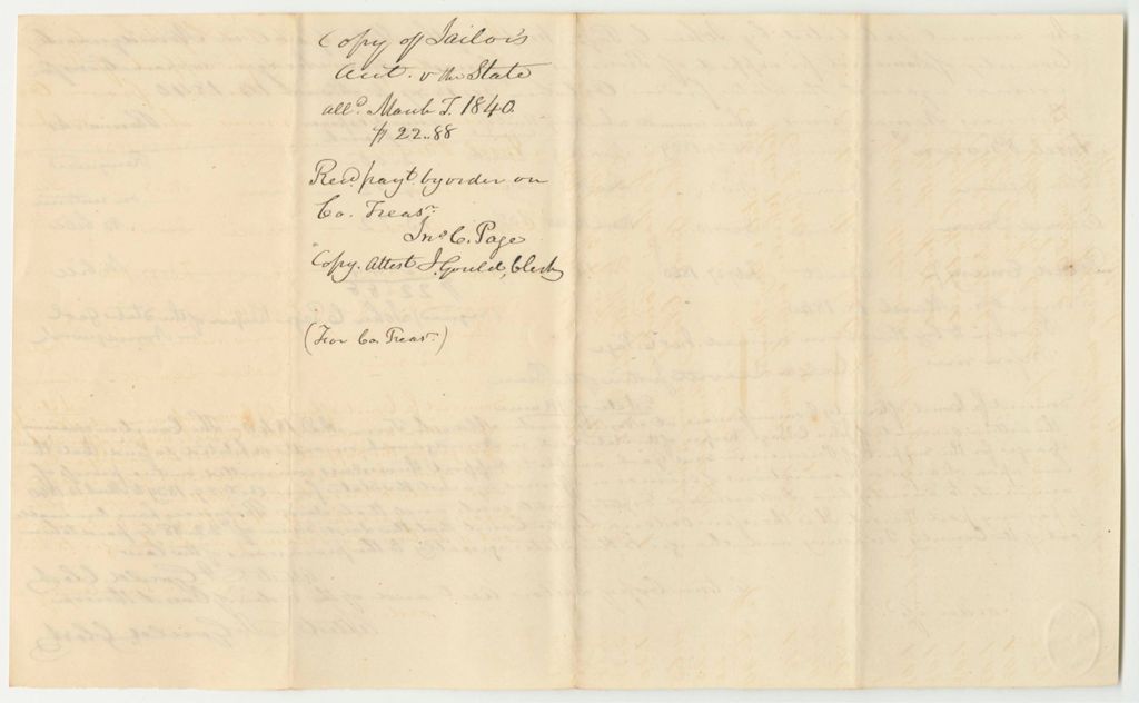 Miniature of Account of John C. Page, Keeper of the States Gaol in Norridgewock, Somerset County, for Support of Prisoners Confined Upon Charges and Convictions of Crimes Against the State from October 19th 1839 to March 14th 1840