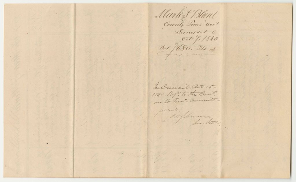 Miniature of Account of Mark Blunt, Somerset County Treasurer