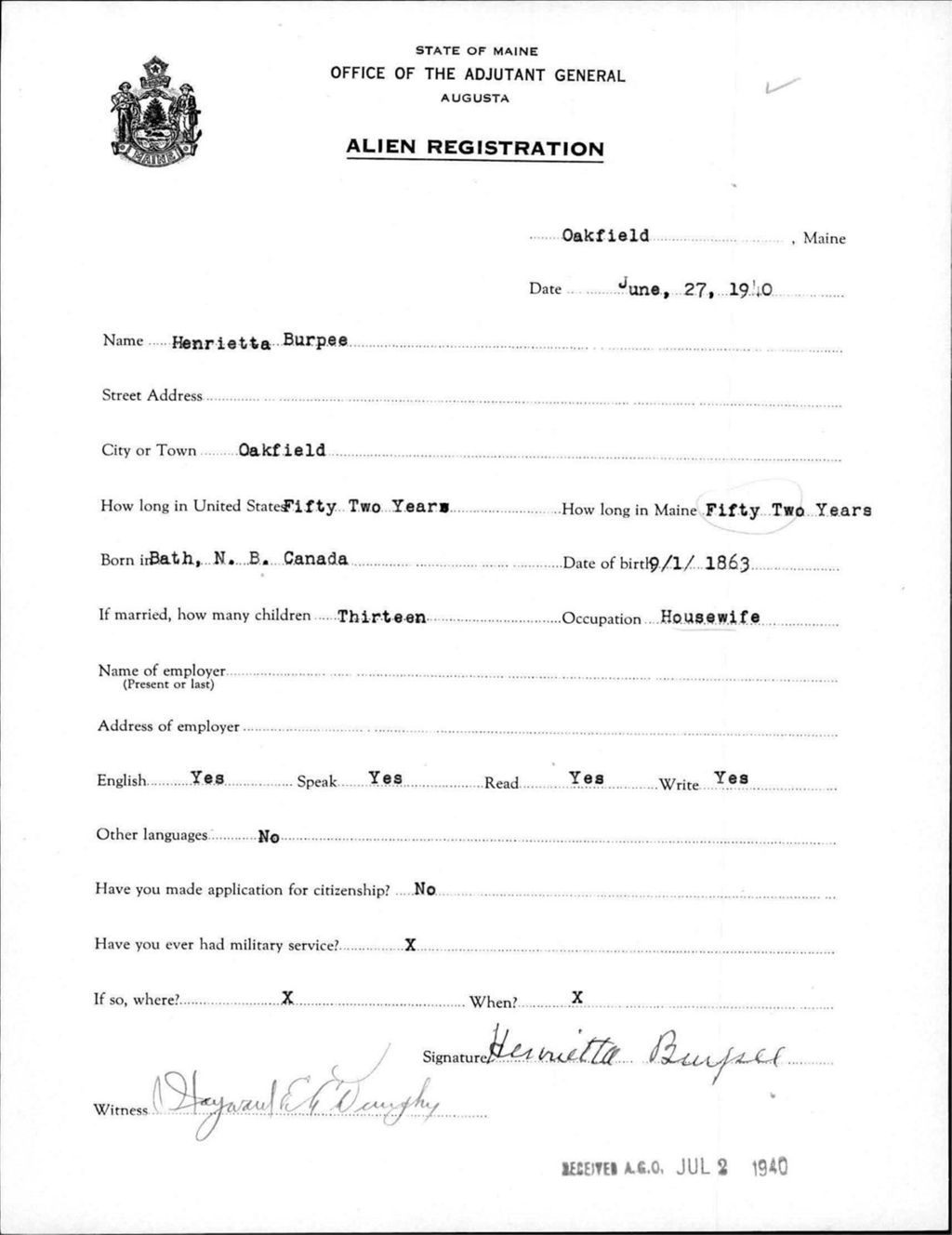 Miniature of Alien Registration- Burpee, Henrietta (Oakfield, Aroostook County)