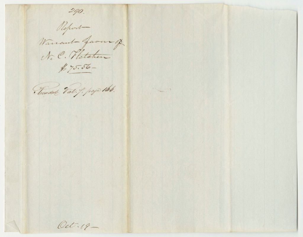 Miniature of Report 290: Report on the Warrant in Favor of N.C. Fletcher, Chairman of the Committee for Furnishing the Insane Hospital