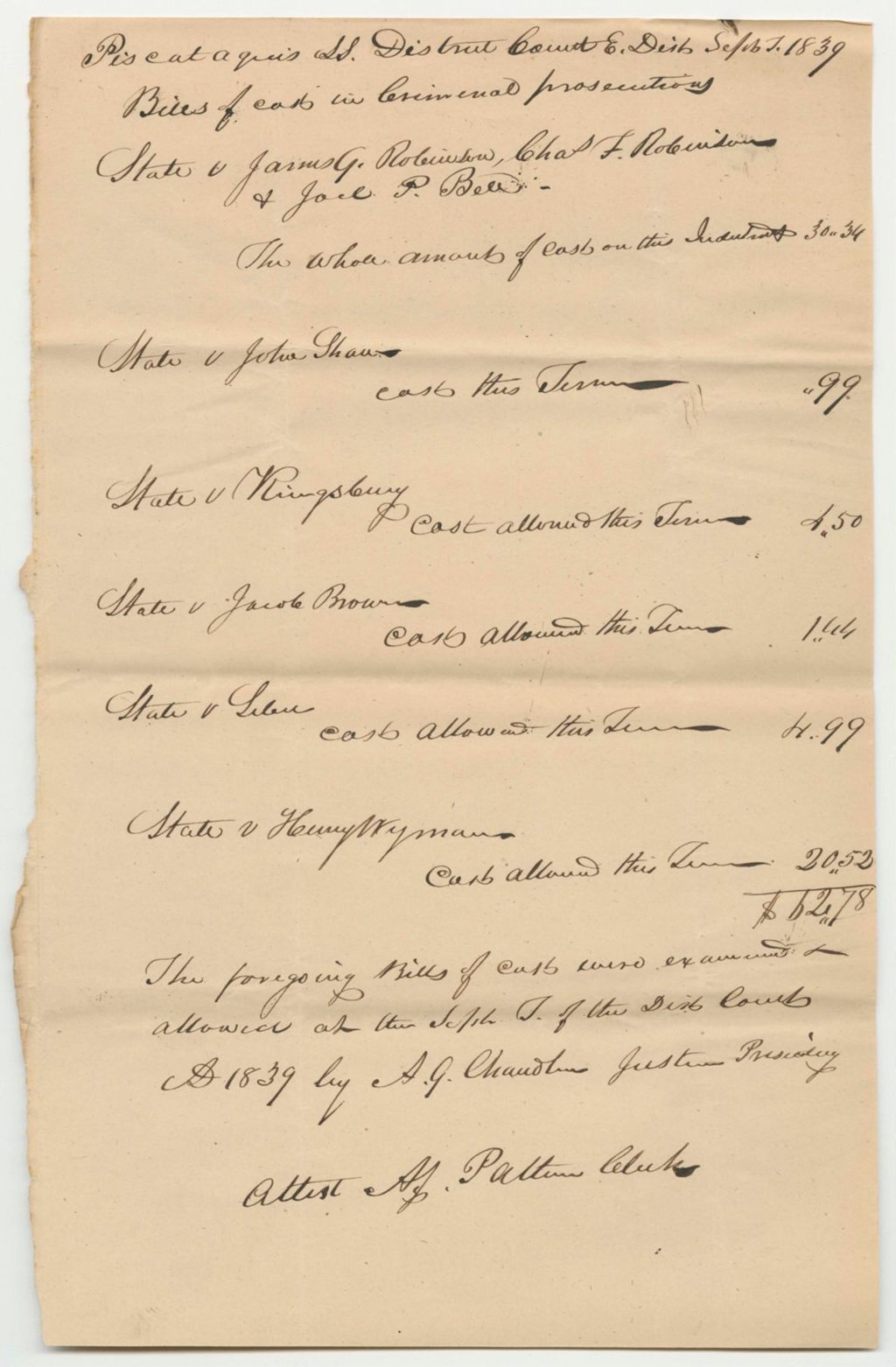 Miniature of Bills of Cost at the District Court in Piscataquis County, September Term 1839