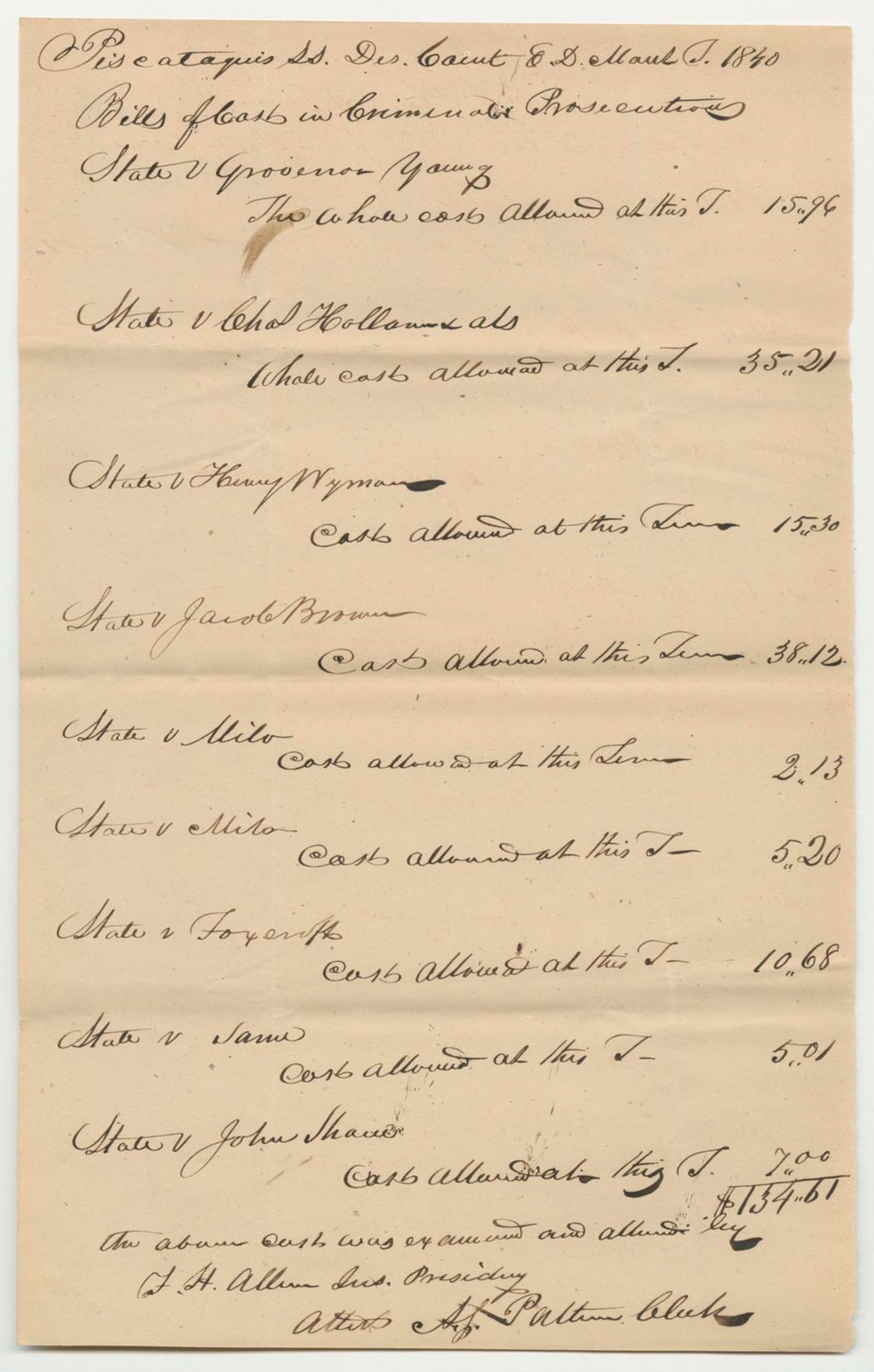 Miniature of Bills of Cost at the District Court in Piscataquis County, March Term 1840